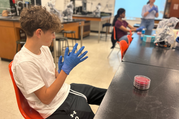 a young man wearing blue gloves listens to a presentation
